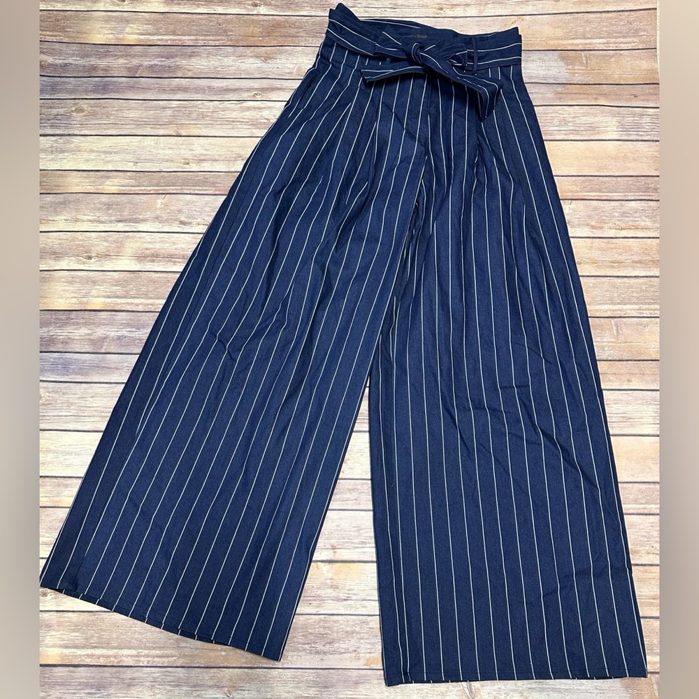 Gracia Women’s High Rise Tie Waist Stripe Wide Leg Baggie Denim Pant size L
